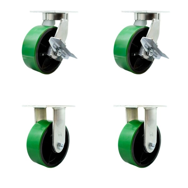 Service Caster 8'' Heavy Duty Green Poly on Cast Iron Wheel Caster Set 2 Brakes 2 Rigid, 4PK CRAN-SCC-KP92S830-PUR-GB-SLB-2-R-2 - main
